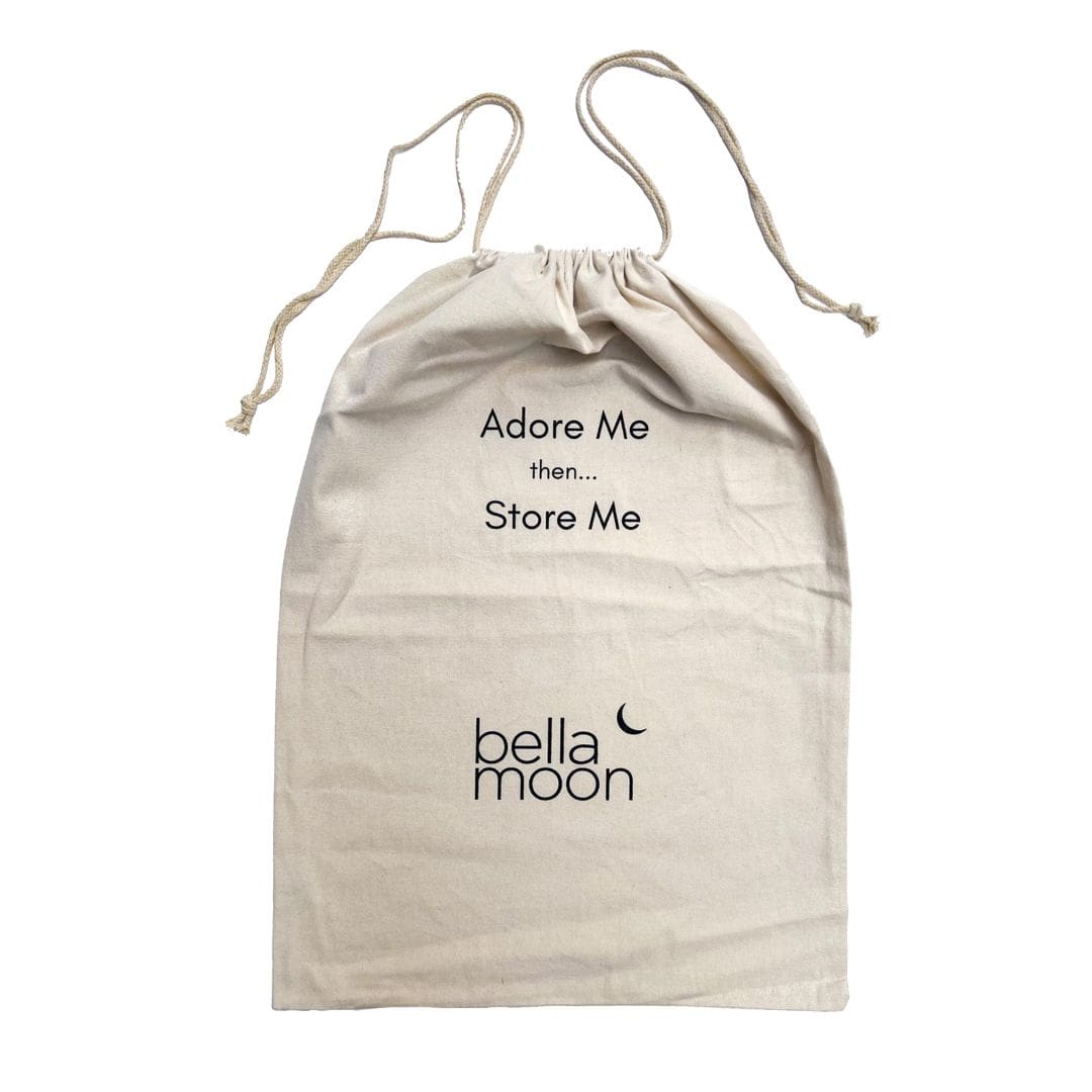 Canvas BellaMoon drawstring storage bag with “Adore Me then Store Me” printed text and logo.