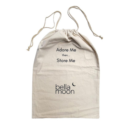 Canvas BellaMoon drawstring storage bag with “Adore Me then Store Me” printed text and logo.