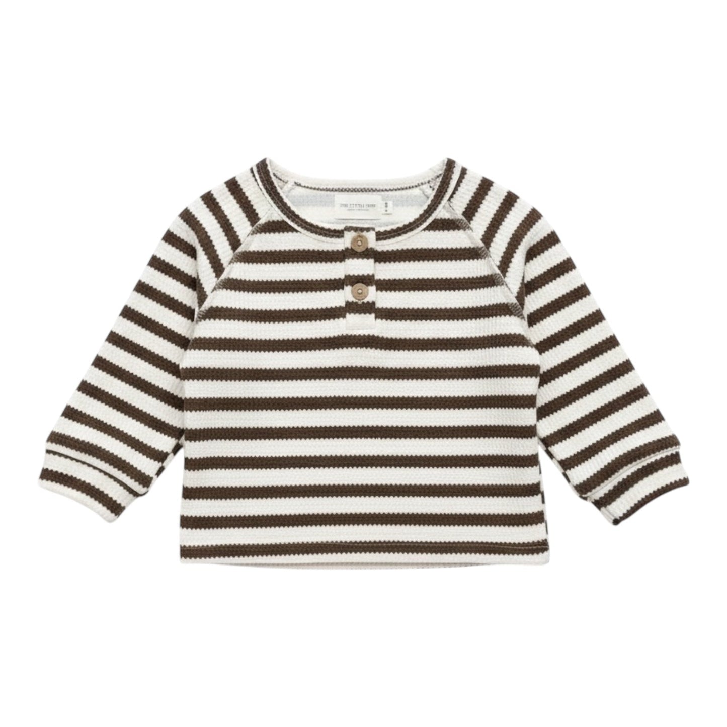 Brown and white striped thick long sleeve baby top with two wooden-style buttons at the neckline, laid flat on white background.