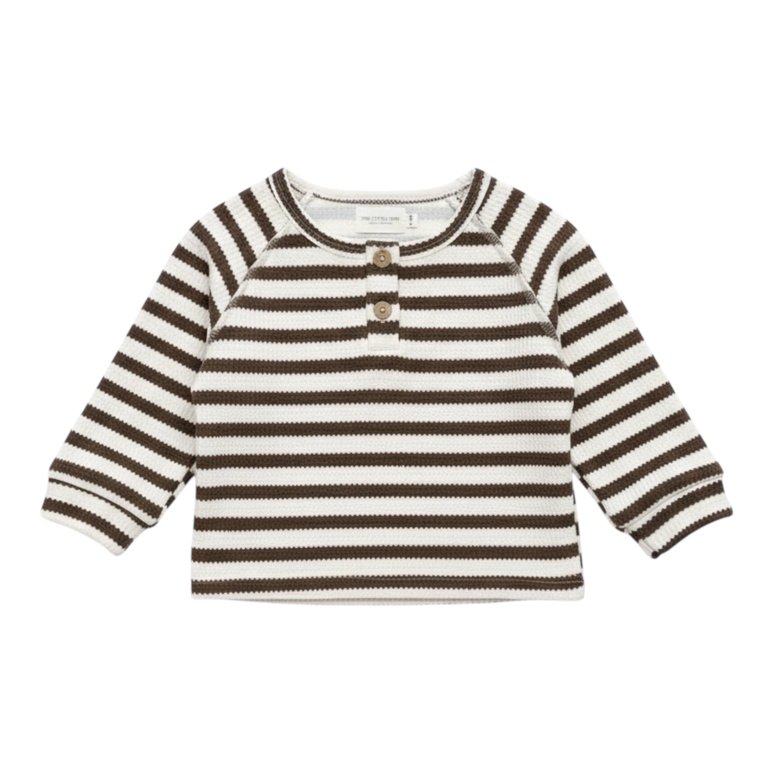 Brown and white striped thick long sleeve baby top with two wooden-style buttons at the neckline, laid flat on white background.