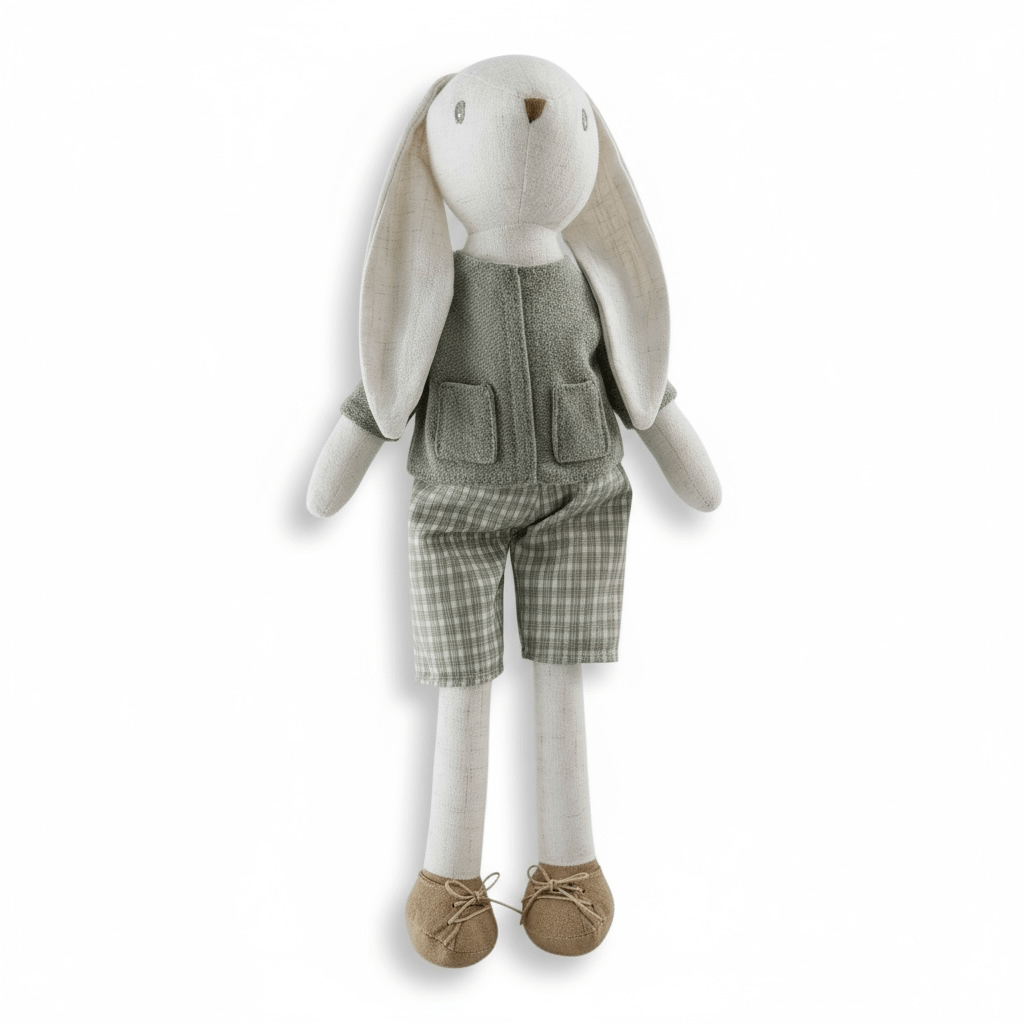 Classic Cotton Bunny Toy – Sage Green Outfit - The Little Hive
