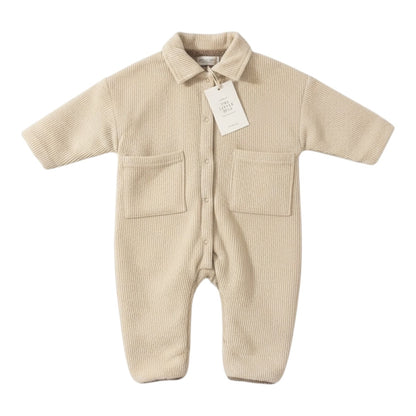 Corduroy Lined Winter Romper – Beige / Green - The Little Hive
