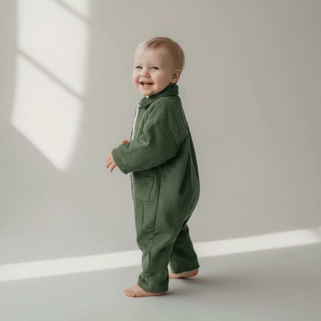 Corduroy Lined Winter Romper – Beige / Green - The Little Hive