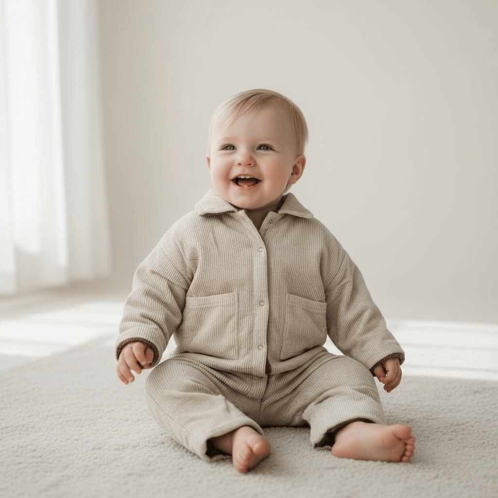 Corduroy Lined Winter Romper – Beige / Green - The Little Hive