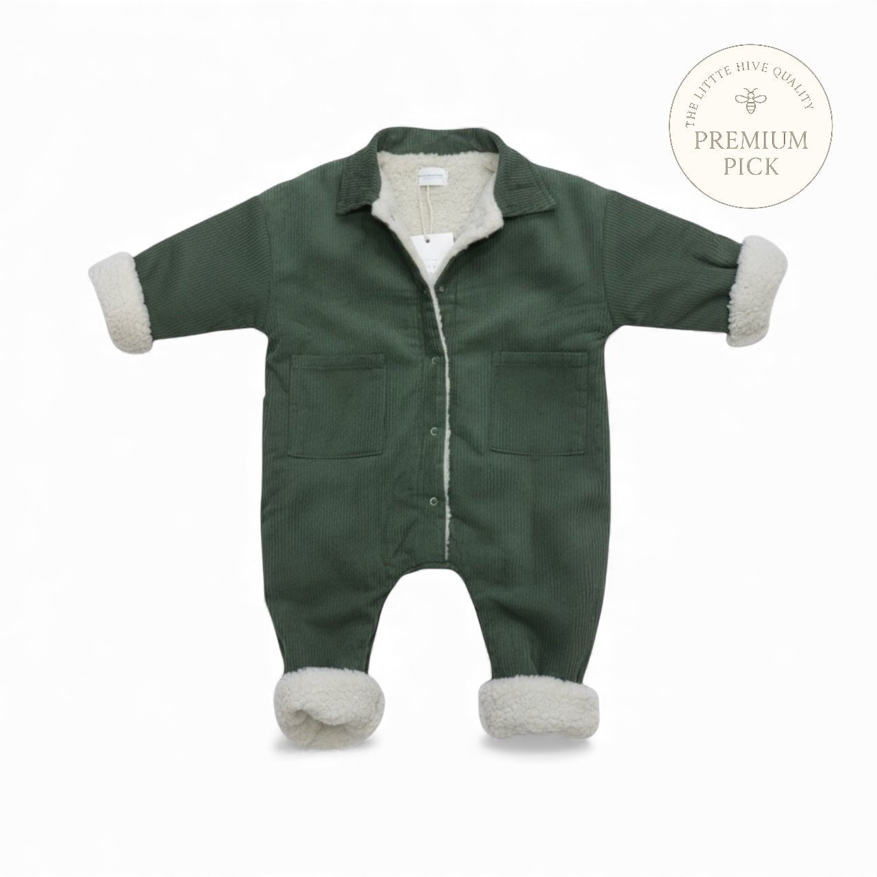 Corduroy Lined Winter Romper – Beige / Green - The Little Hive