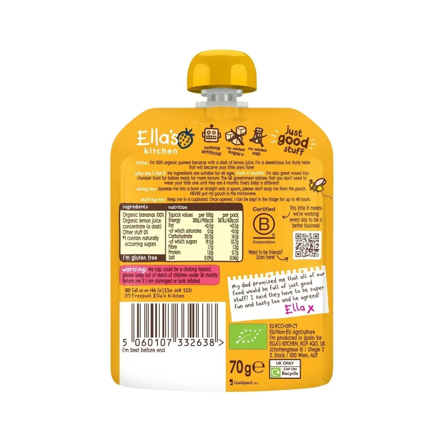 Purée de bananes bio Ella's Kitchen First Tates en gourde (4 mois et plus) 70 g
