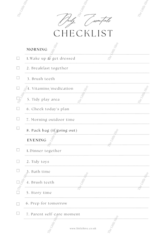 Daily routine checklist for parents with morning and evening activities.