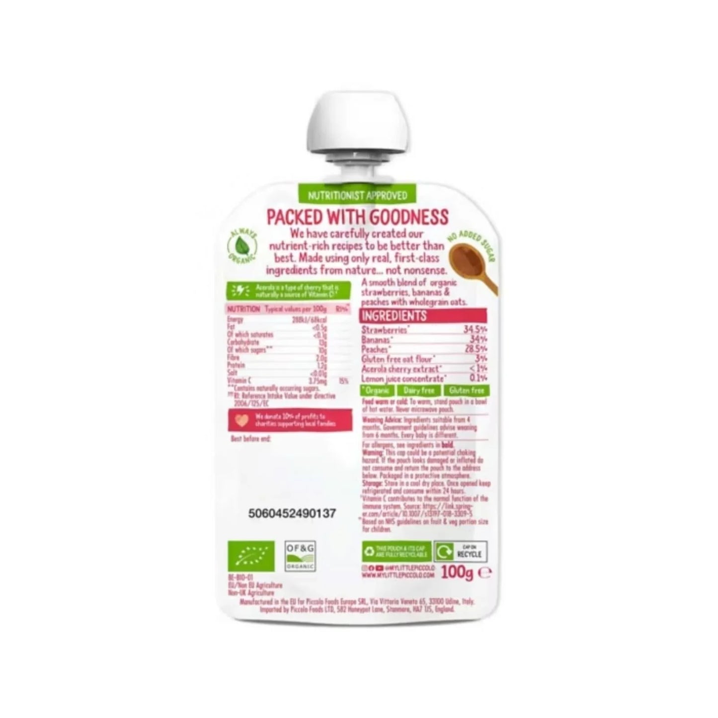 Piccolo Bio Fraise Banane &amp; Pêche 4+ mois 100g