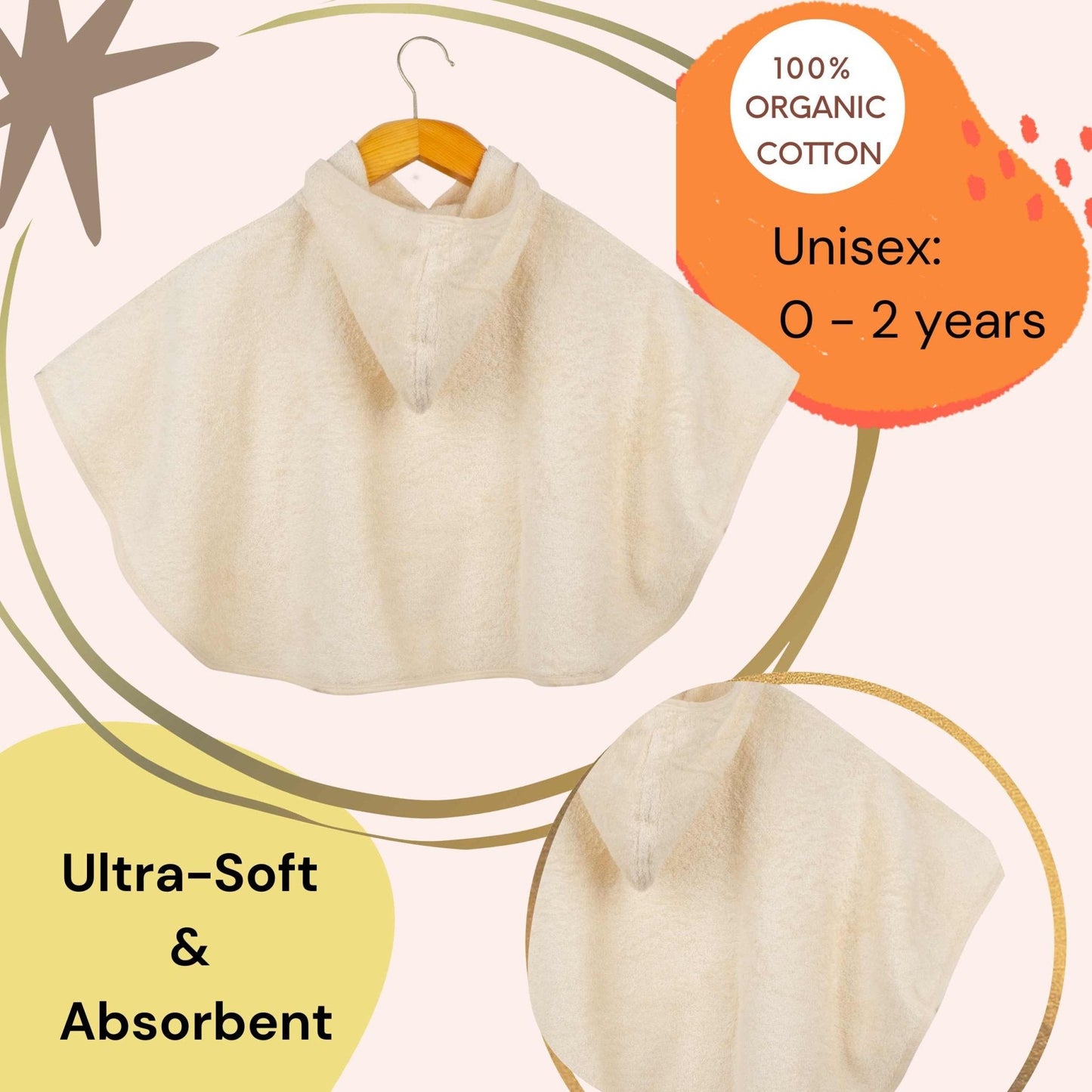 Eco Bath London Organic Cotton Baby Poncho - Luxuriously Soft, Undyed and Unbleached