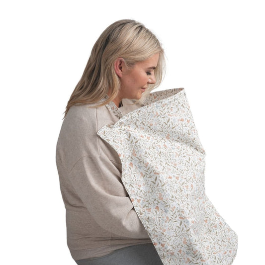 BellaMoon Feeding & Pumping Privacy Cover in Sweet & Wild floral print, featuring boned neckline and over-the-head loop, made from breathable organic cotton.