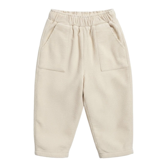 Beige fleece-lined corduroy baby trousers with elasticated waistband and front pockets laid flat on white background.