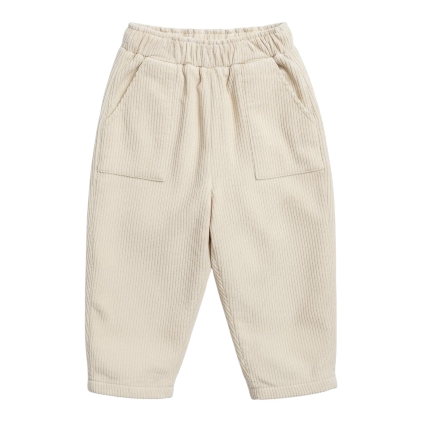 Beige fleece-lined corduroy baby trousers with elasticated waistband and front pockets laid flat on white background.