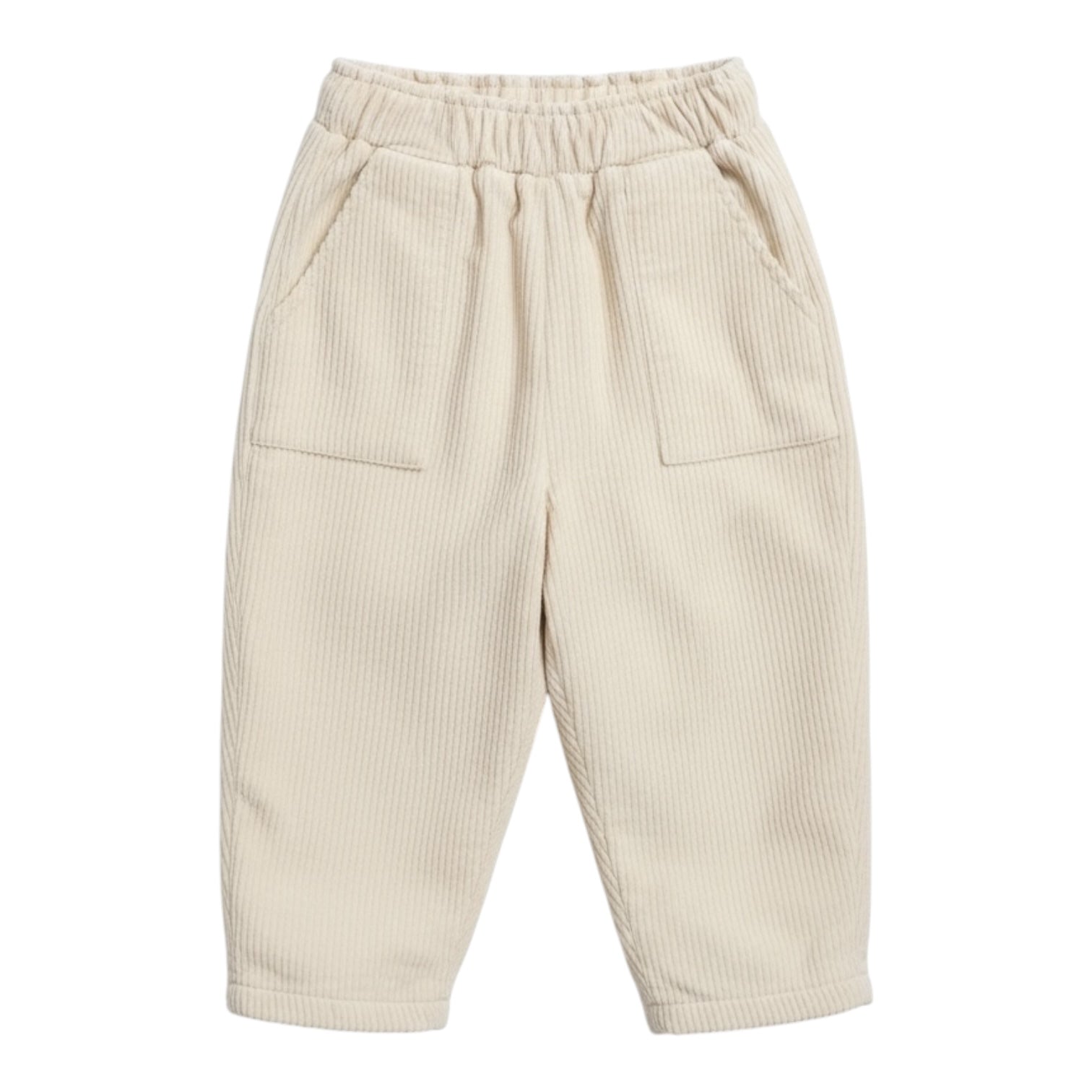 Beige fleece-lined corduroy baby trousers with elasticated waistband and front pockets laid flat on white background.