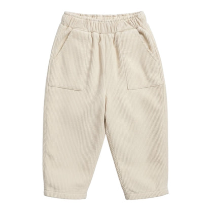 Beige fleece-lined corduroy baby trousers with elasticated waistband and front pockets laid flat on white background.