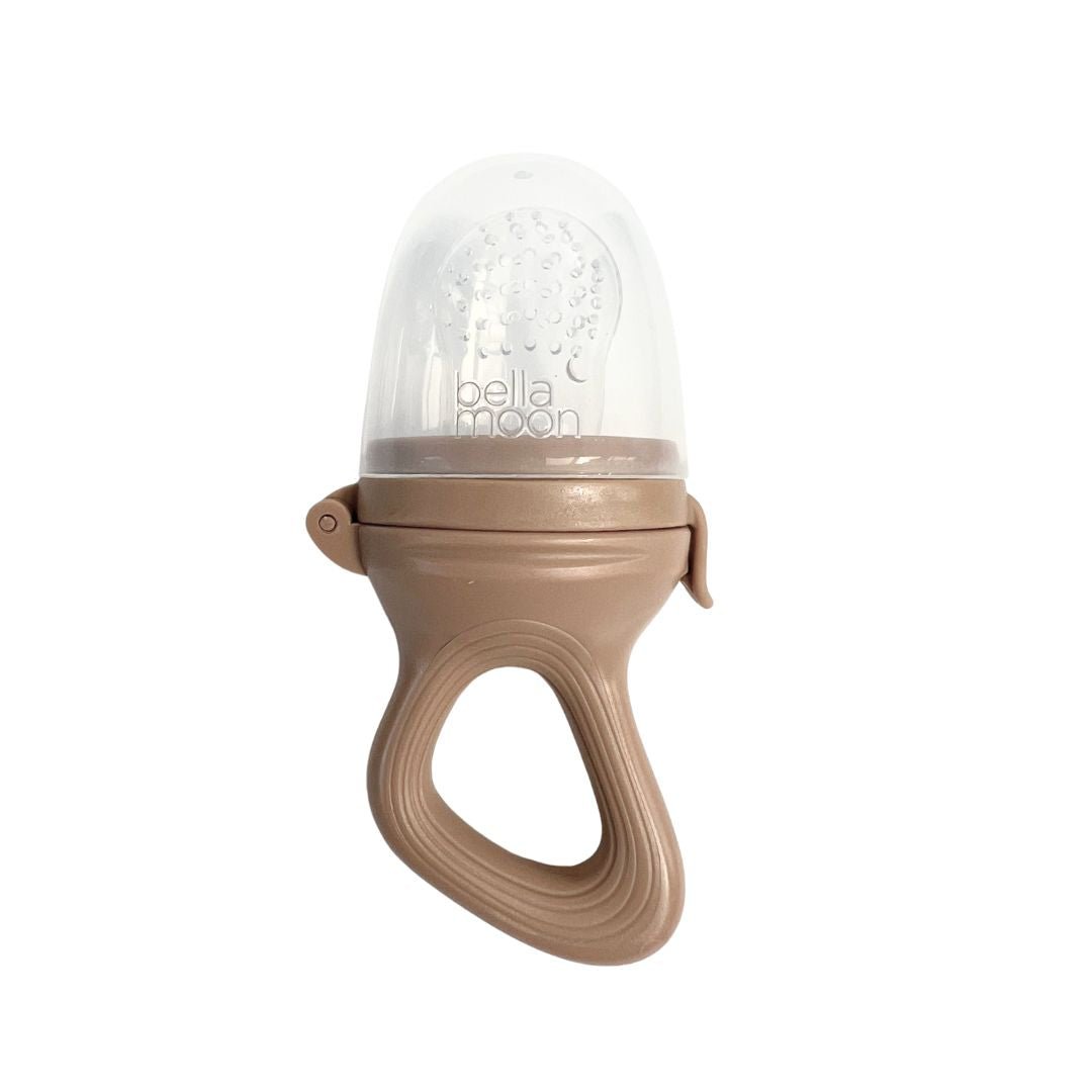 BellaMoon Fruit Feeder in Chestnut brown with BPA-free silicone teat, ergonomic handle, and protective cap, designed for teething babies and first solid foods.