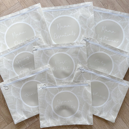 Hospital Bag Organiser Pouches - Unisex Beige Leaf Print