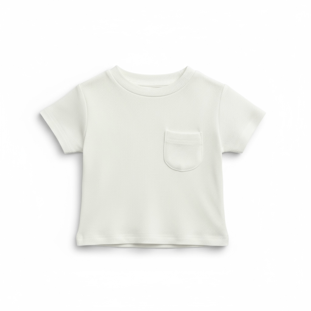 White ribbed baby t-shirt with short sleeves and pocket detail, laid flat on white background.