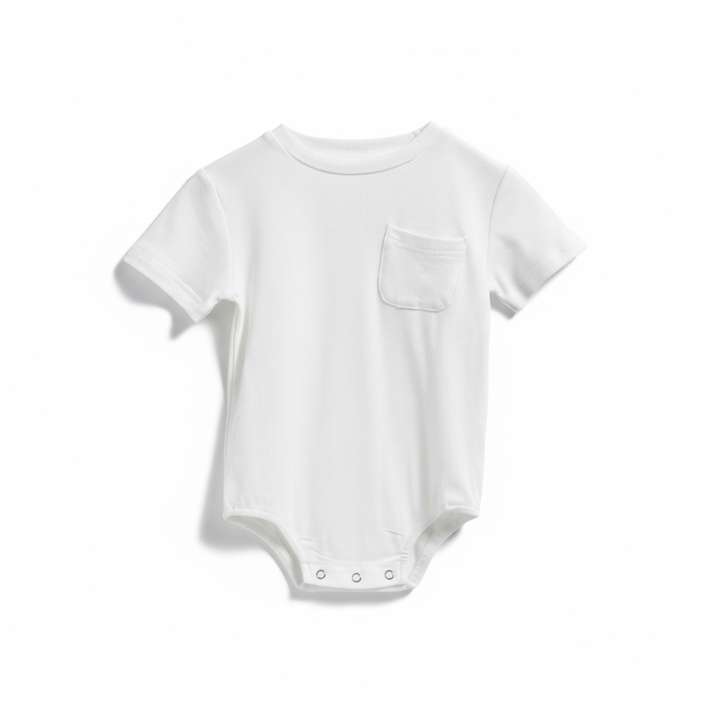 White ribbed baby romper with short sleeves, pocket detail, and popper fastening, laid flat on white background.