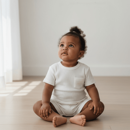 A baby wearing a ribbed baby romper with short sleeves, pocket detail, and popper fastening.