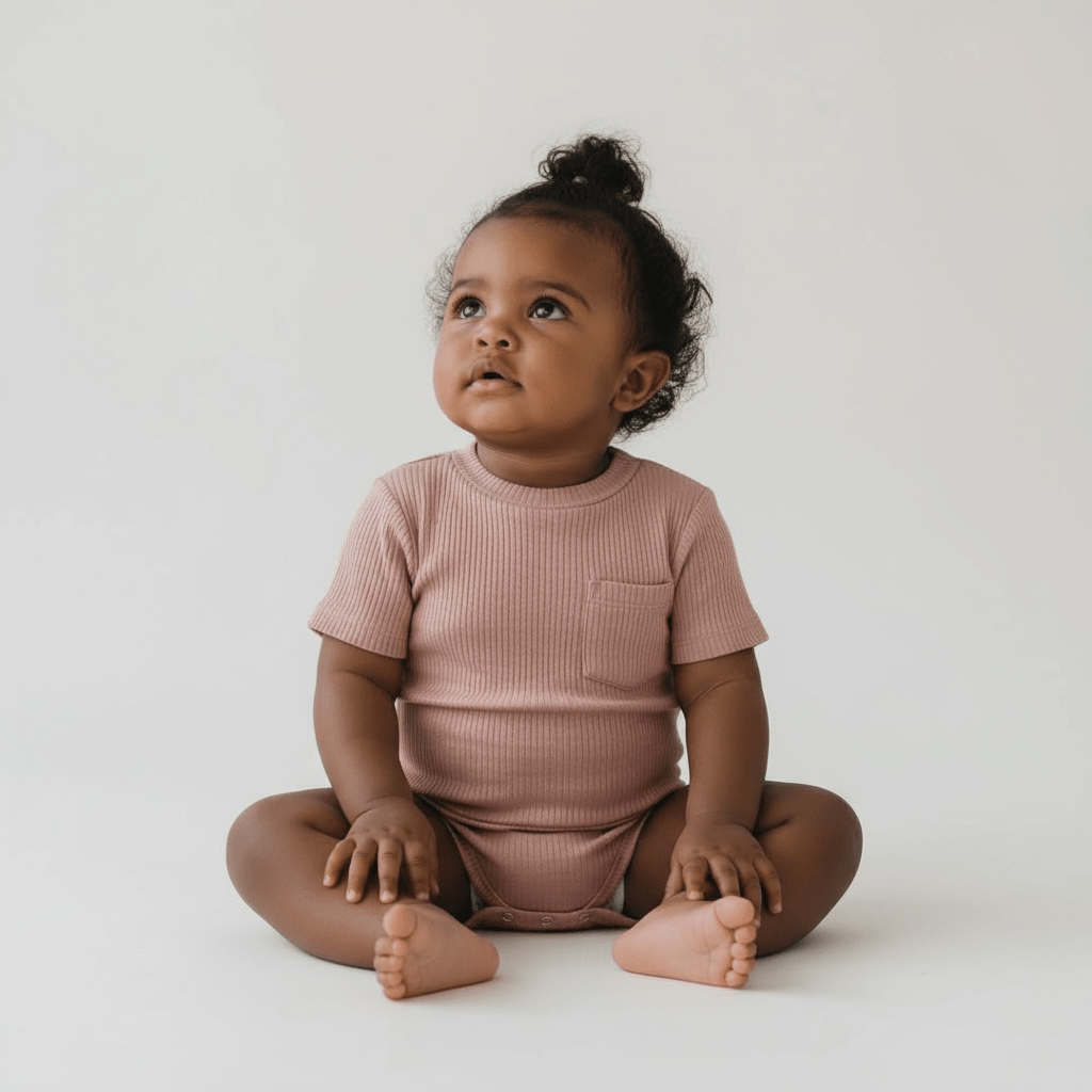 A baby wearing a warm taupe ribbed baby romper with short sleeves, pocket detail, and popper fastening.