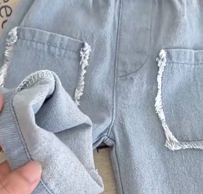 Lightweight Washed Denim Trousers with Frayed Pocket Detail - The Little Hive