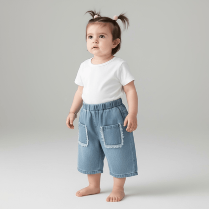 Lightweight Washed Denim Trousers with Frayed Pocket Detail - The Little Hive