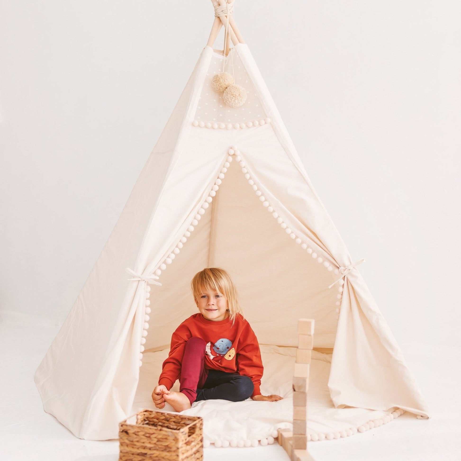 MINICAMP | Extra Large Kids Teepee Tent with Pom Pom Decor - The Little Hive