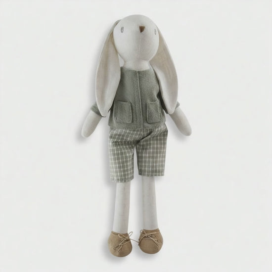 Classic Cotton Bunny Toy – Sage Green Outfit with floppy ears and gingham shorts, perfect for gentle play and display.
