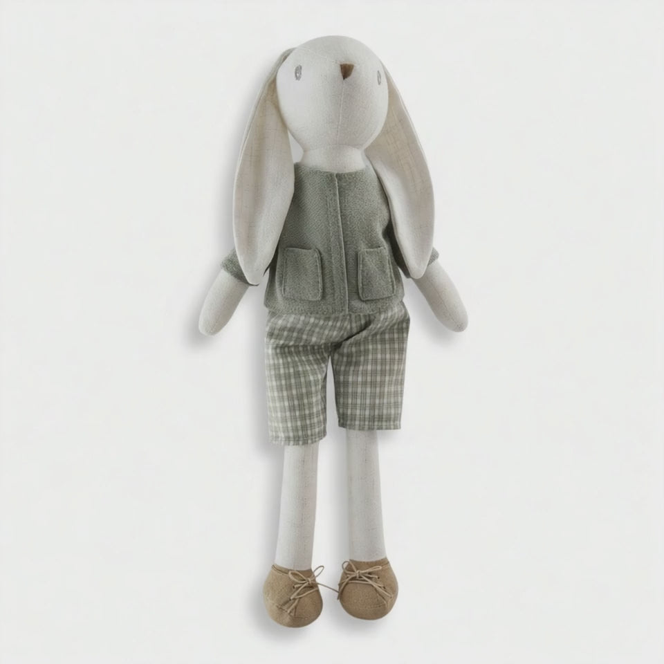 Classic Cotton Bunny Toy – Sage Green Outfit with floppy ears and gingham shorts, perfect for gentle play and display.