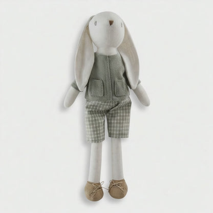 Classic Cotton Bunny Toy – Sage Green Outfit with floppy ears and gingham shorts, perfect for gentle play and display.