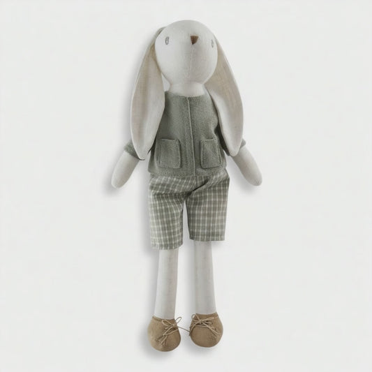 Classic Cotton Bunny Toy – Sage Green Outfit with floppy ears and gingham shorts, perfect for gentle play and display.