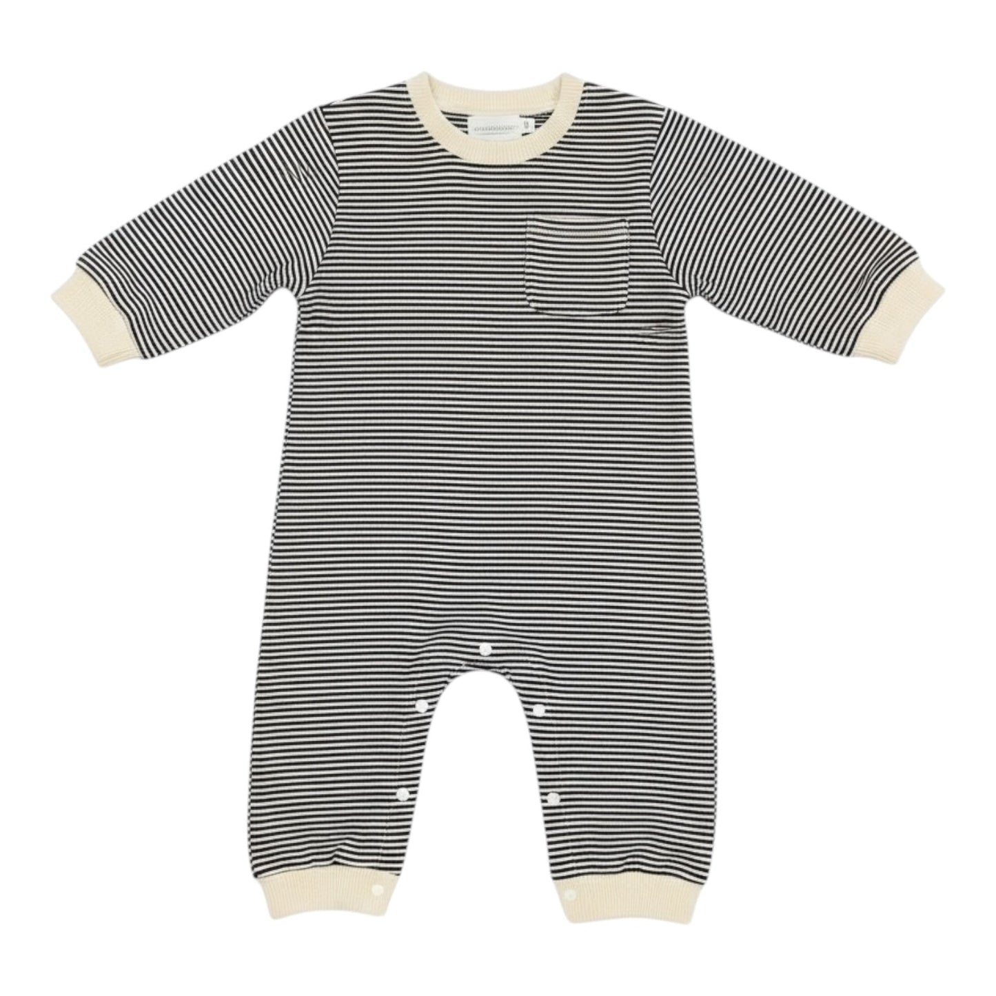 Black and cream striped long sleeve baby romper with ribbed trims, chest pocket, and leg poppers, displayed flat on a white background.