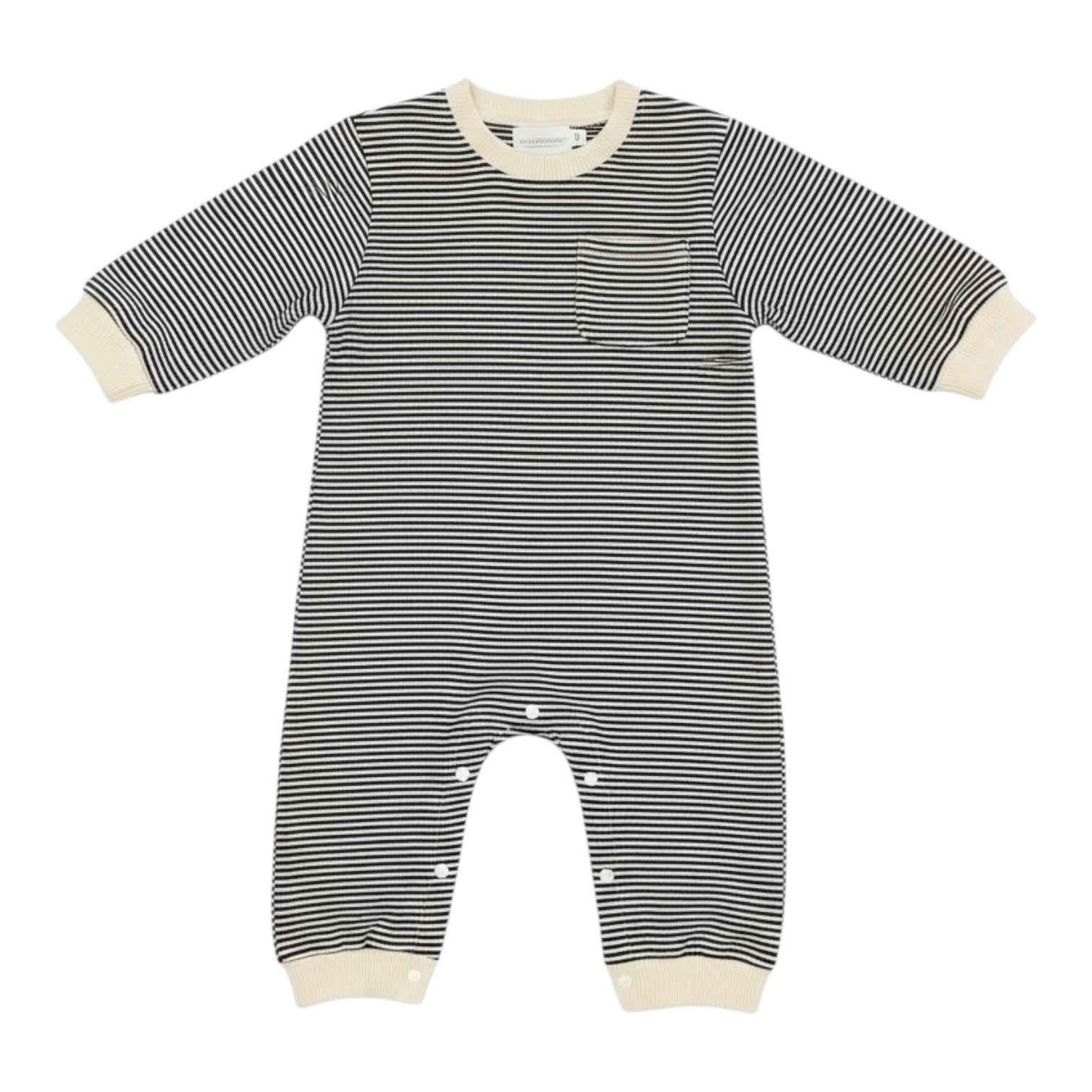 Black and cream striped long sleeve baby romper with ribbed trims, chest pocket, and leg poppers, displayed flat on a white background.