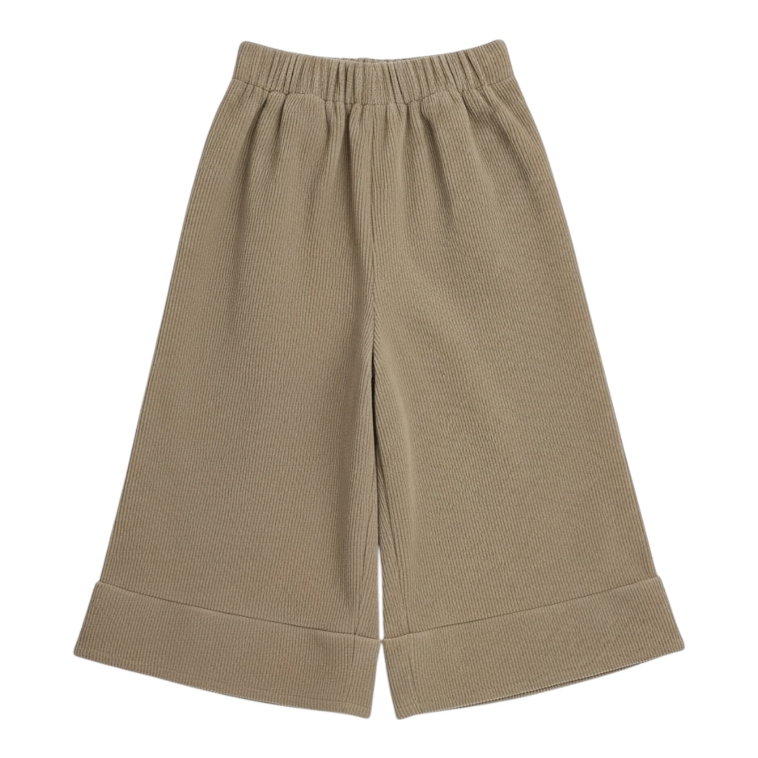 Taupe ribbed corduroy baby trousers with ruffle hem and elastic waist, laid flat on white background showing no pockets on the front.
