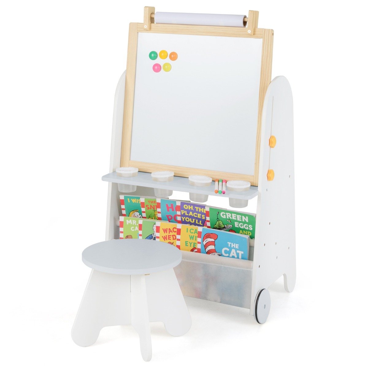 4-in-1 Toddler Activity Table Set with Magnetic Whiteboard and Bookshelves-Grey