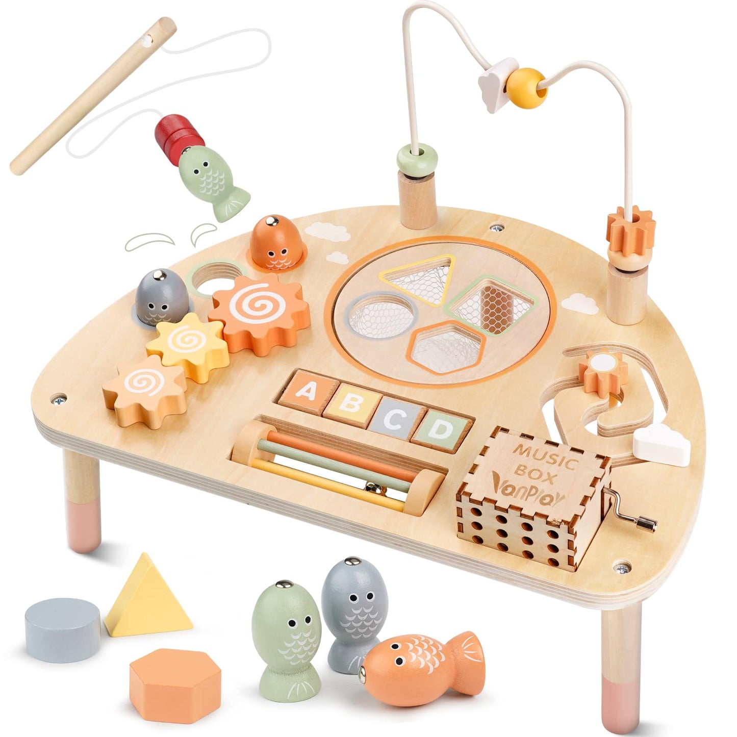 Vanplay 8-in-1 Wooden Activity Table for Toddlers – Montessori Sensory Learning Toy