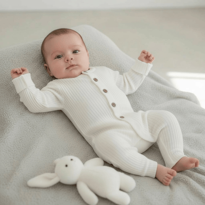 White Ribbed Button - Front Baby Romper - The Little Hive