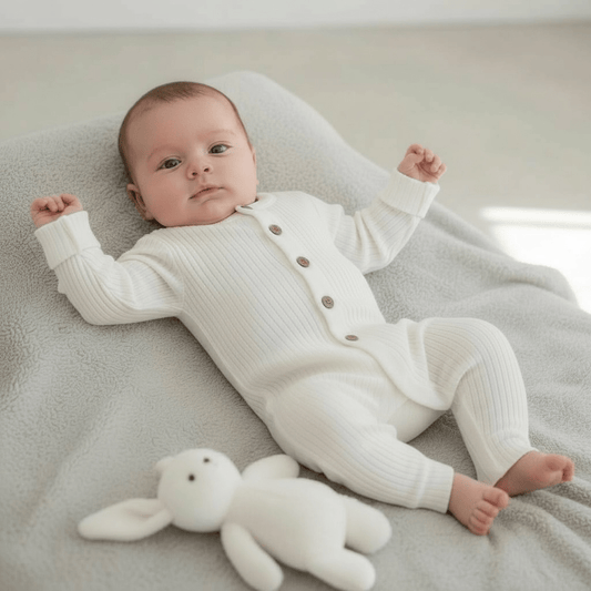 White Ribbed Button - Front Baby Romper - The Little Hive