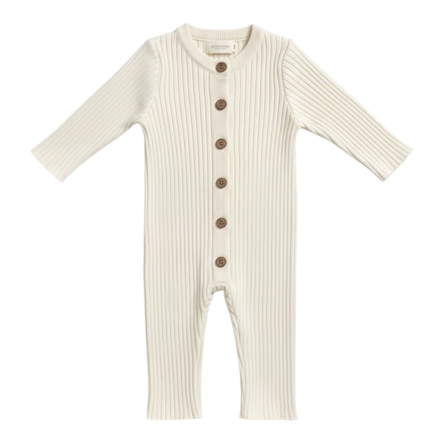 White ribbed cotton baby romper with wooden buttons and long sleeves, laid flat on a white background.