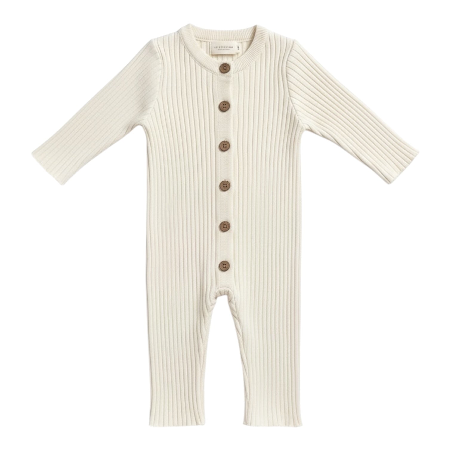White ribbed cotton baby romper with wooden buttons and long sleeves, laid flat on a white background.