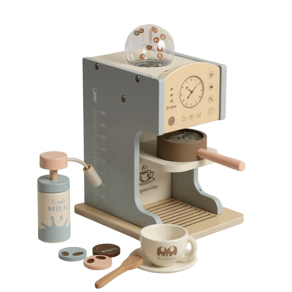 Toy coffee machine set with accessories on a white background