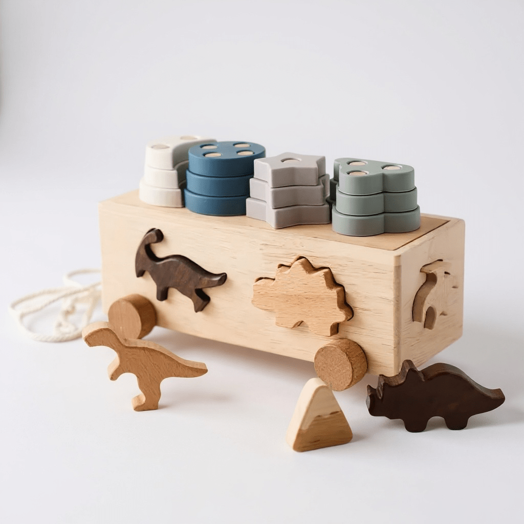 Wooden Dinosaur Sorting Box Pull Toy - The Little Hive